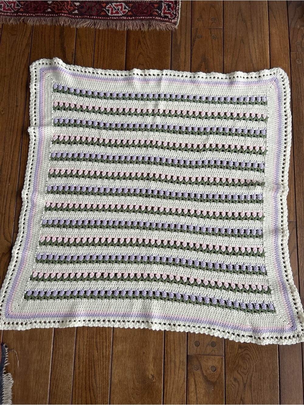 Handmade Crochet Baby Blanket in White, Lavender, Pink & Green